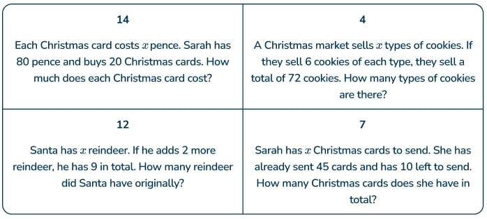 Festive algebra word problems