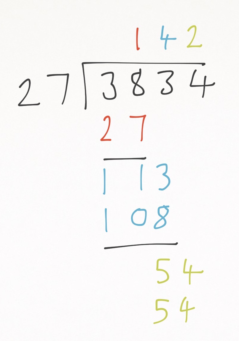 long division example for 3834 ÷ 27