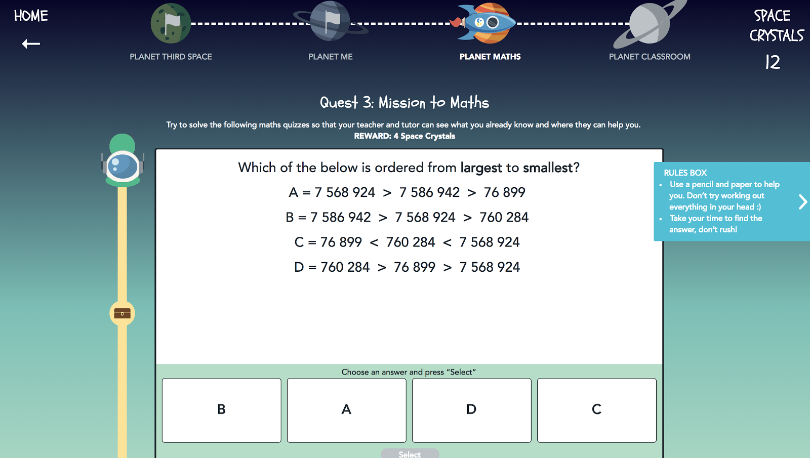 An example question during a pupil’s diagnostic assessment ‘Mission Zero’ on the Third Space Platform - check out their space crystals!