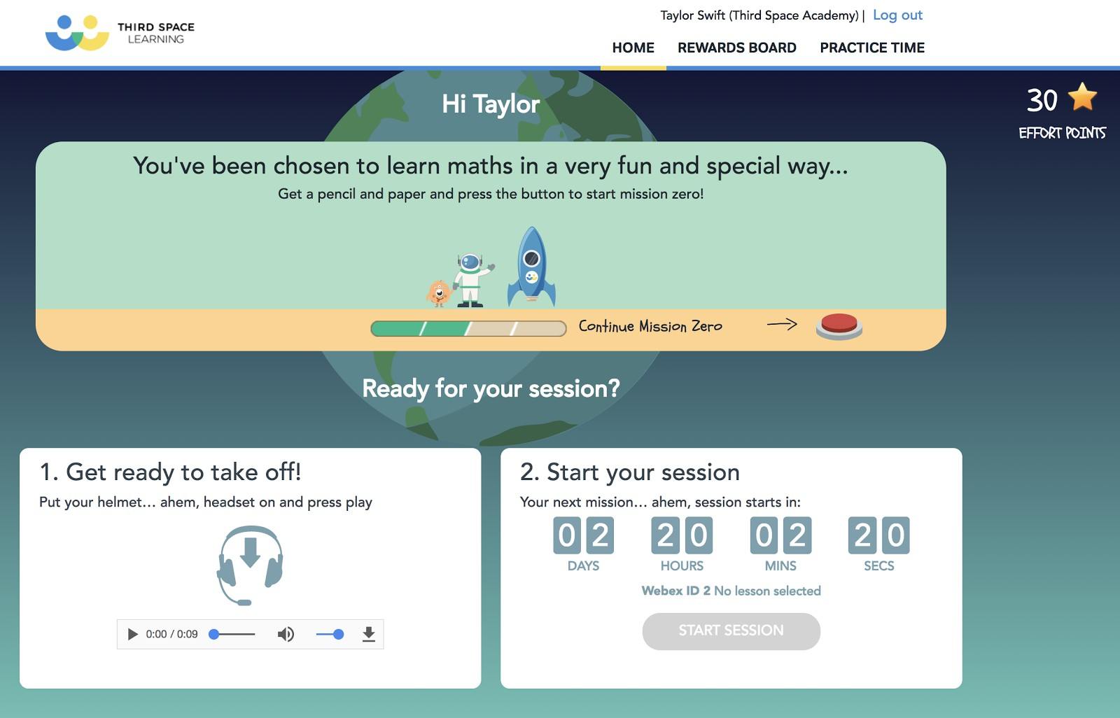 The home page on the Third Space Learning pupil platform 