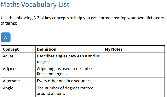 KS2 Maths Vocabulary List