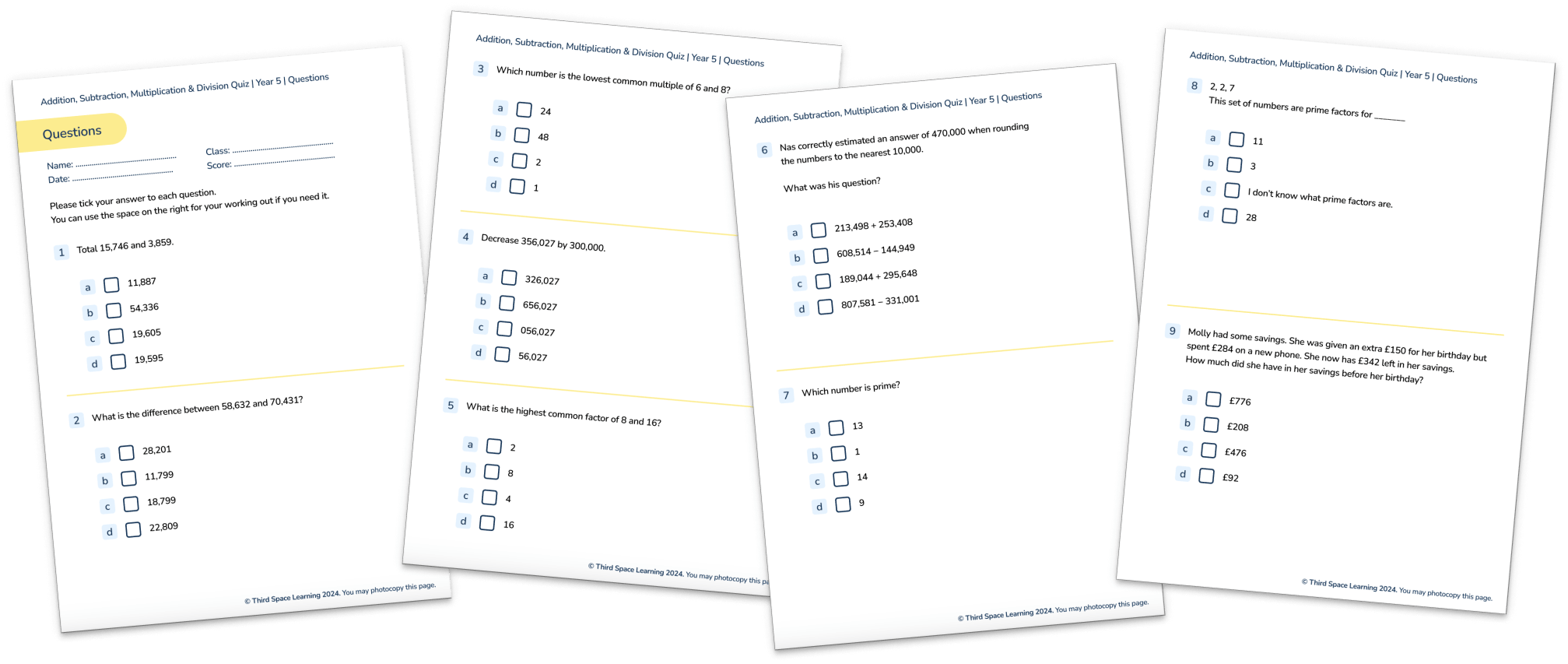 Addition, Subtraction, Multiplication & Division Diagnostic Quiz