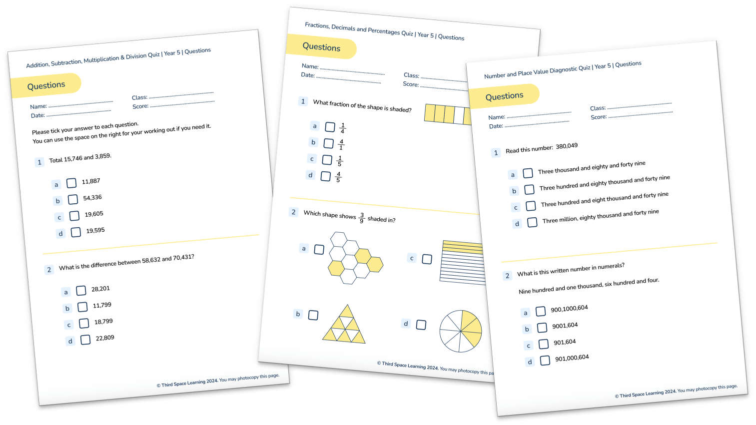 Set of 3 Diagnostic Maths Quizzes