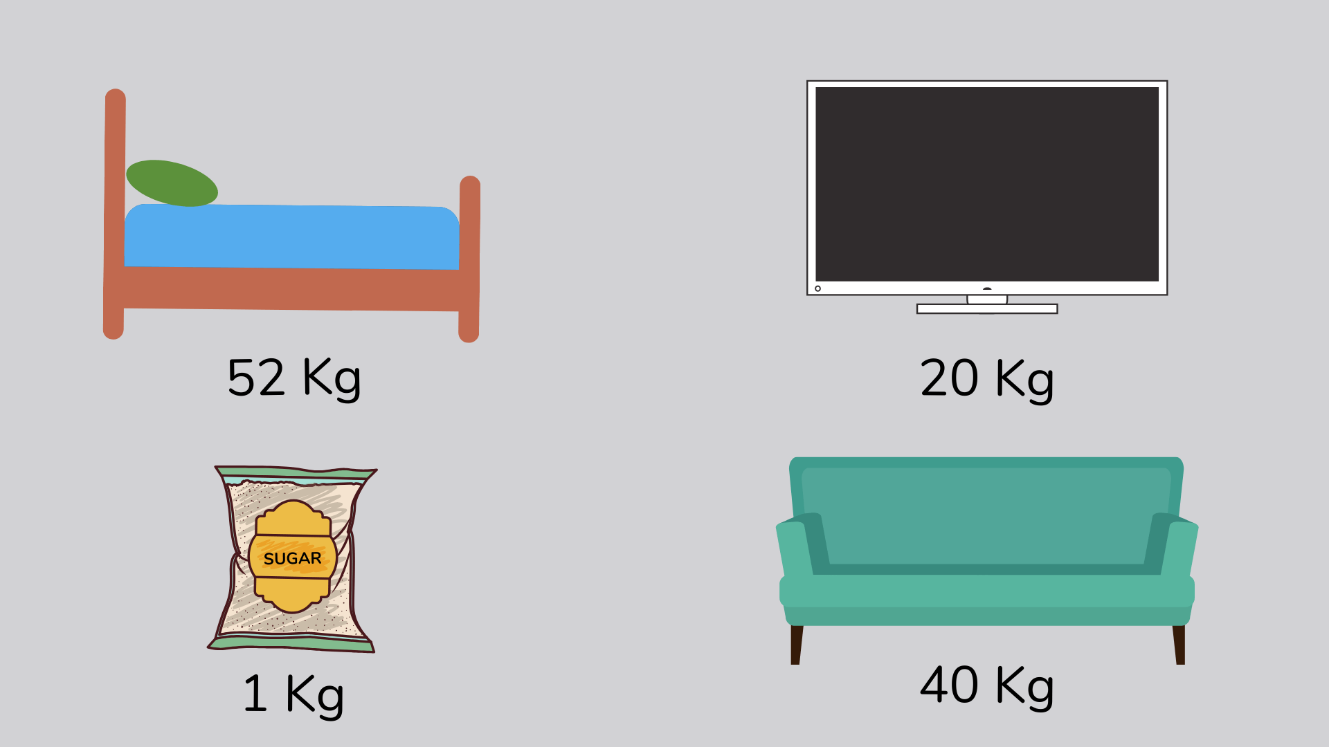 mass of different household objects including a bag of sugar, a bed, a sofa and a monitor