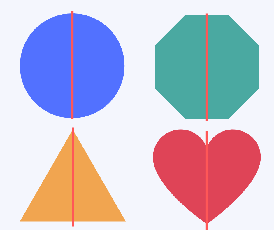 line of symmetry of a circle, hexagon, heart and triangle