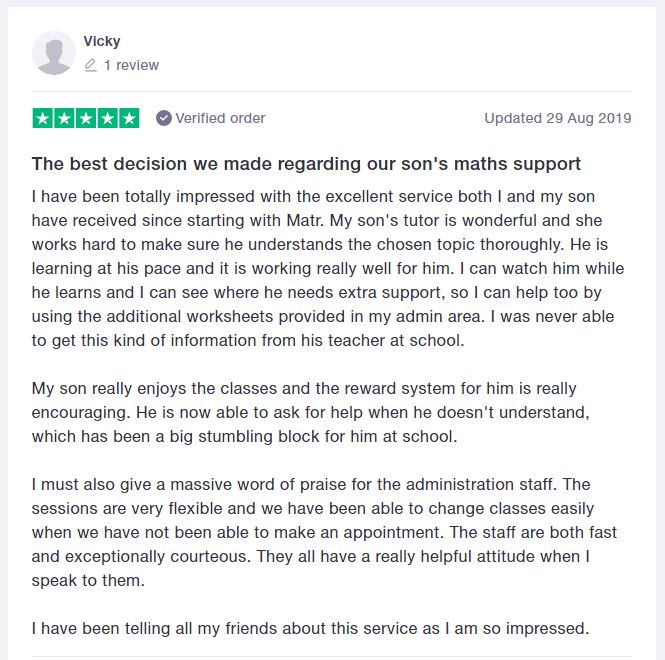 An example review from Trustpilot for Matr and the benefits of one-to-one tutoring
