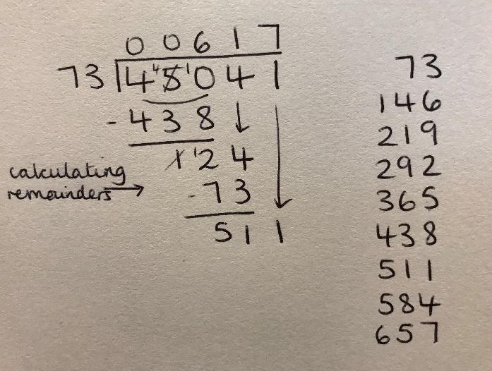 long division method of dividing 45041 by 73