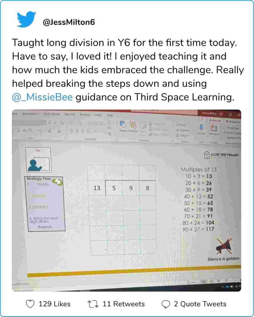 Positive tweet about using Third Space Learning's long division blog