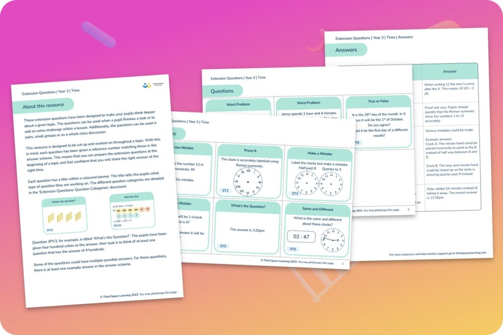 Third Space Learning time extension questions for Year 3