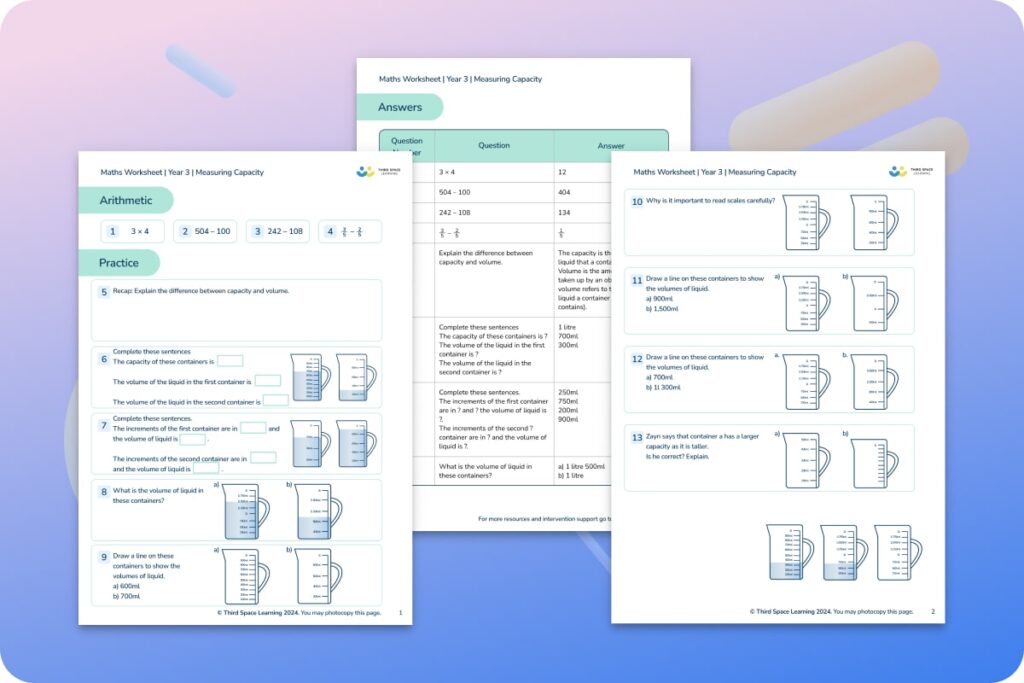 Third Space Learning measurement worksheet for Year 3