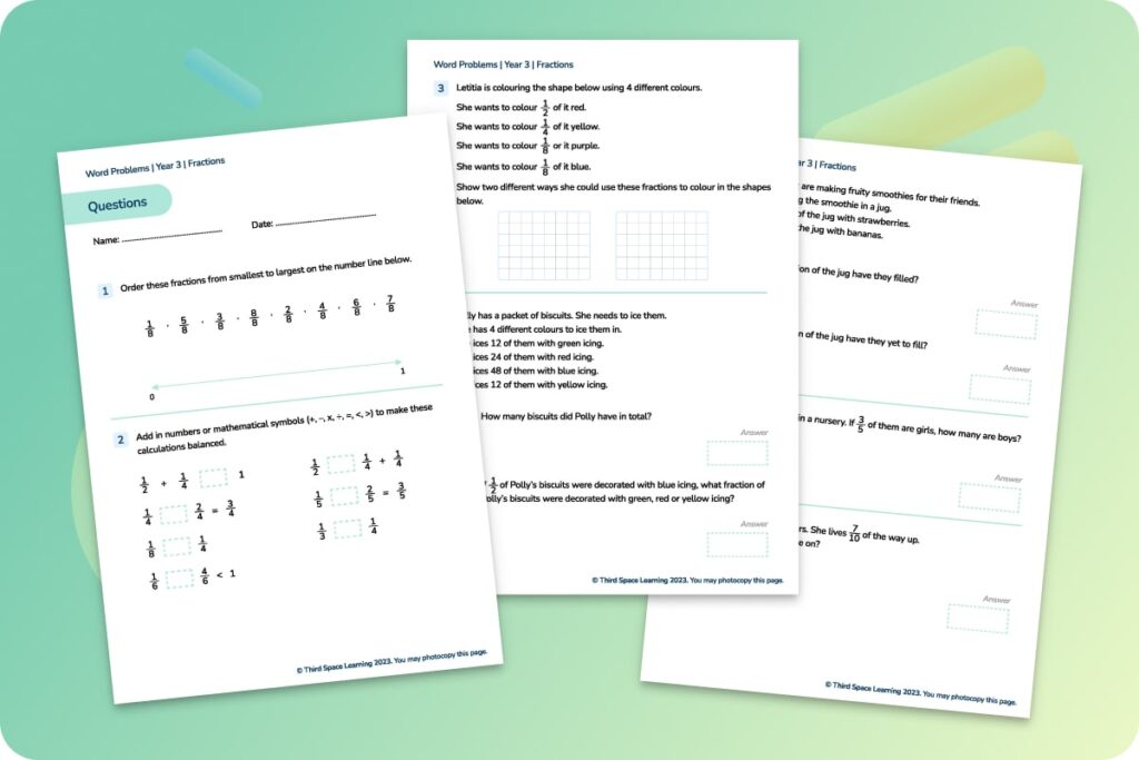 Fraction word problems worksheet for Year 3