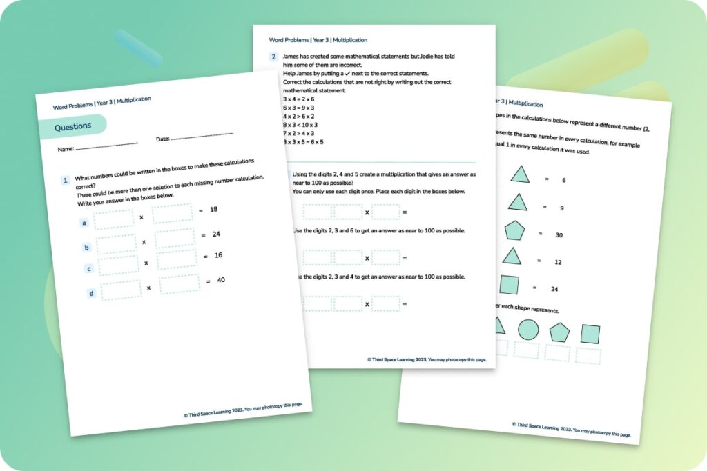 Third Space Learning multiplication word problems resource for Year 3
