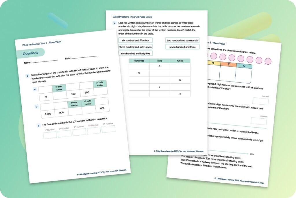 Third Space Learning place value word problems worksheet for Year 3