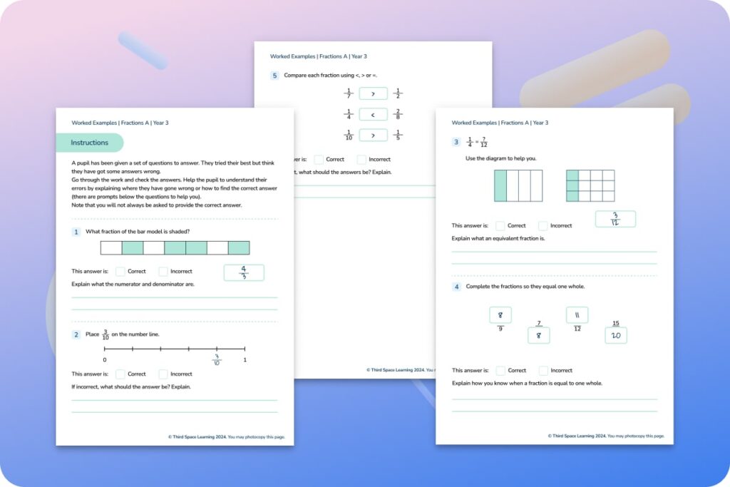 Third Space Learning fractions worked example worksheet for Year 3