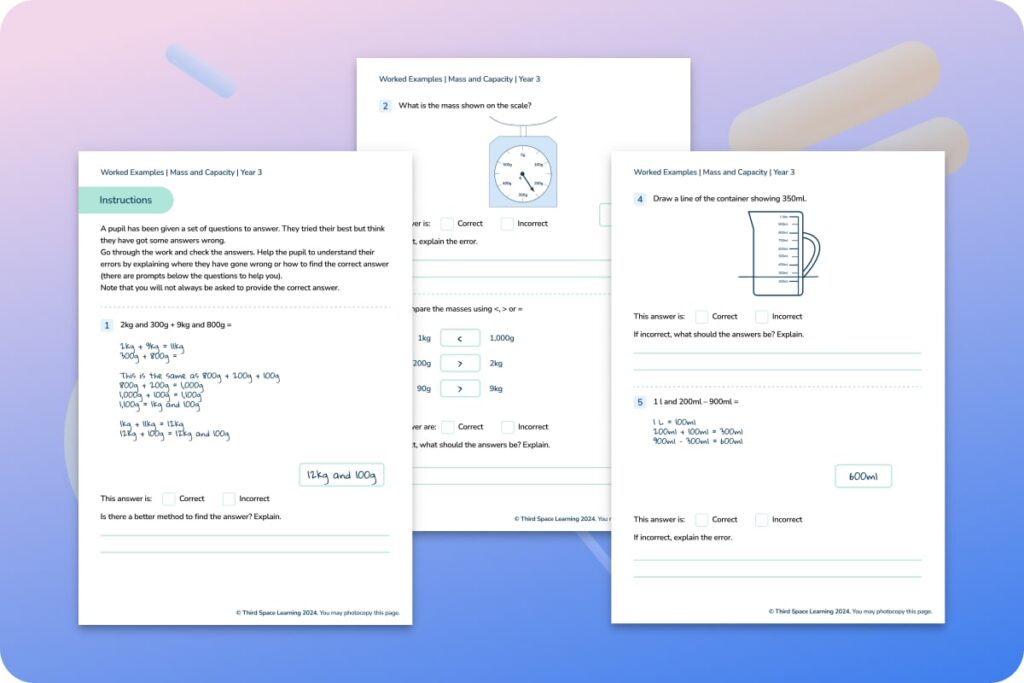 Mass and capacity worked examples worksheet for Year 3