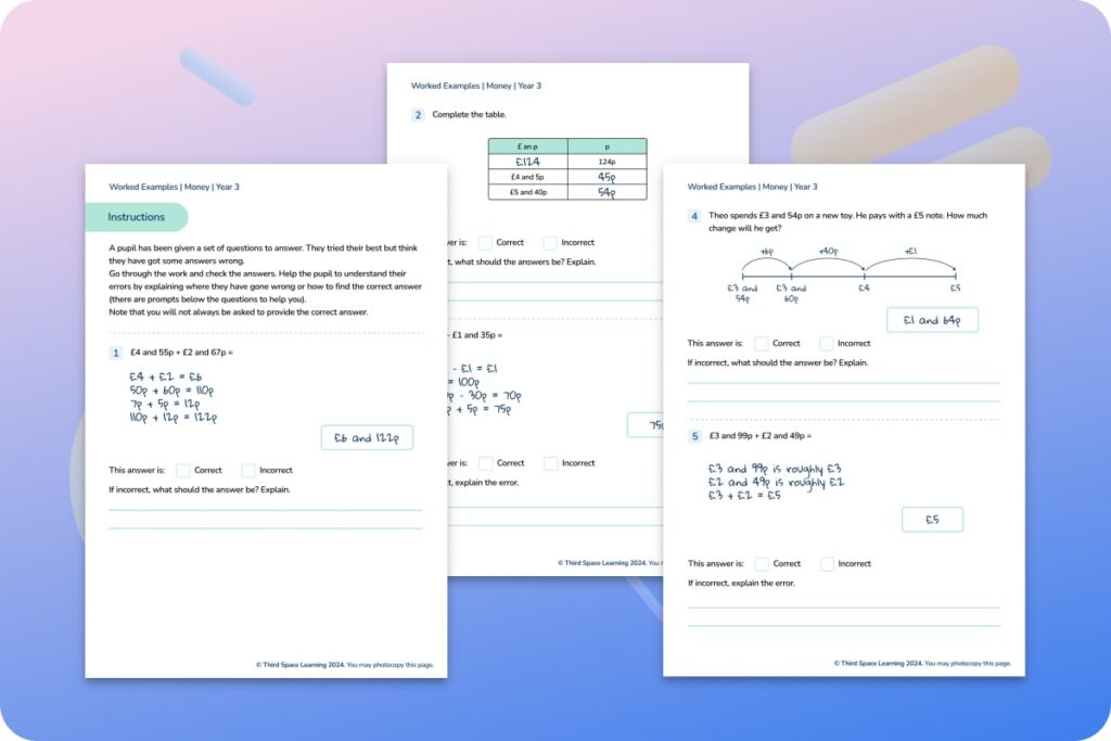Money worked examples for Year 3