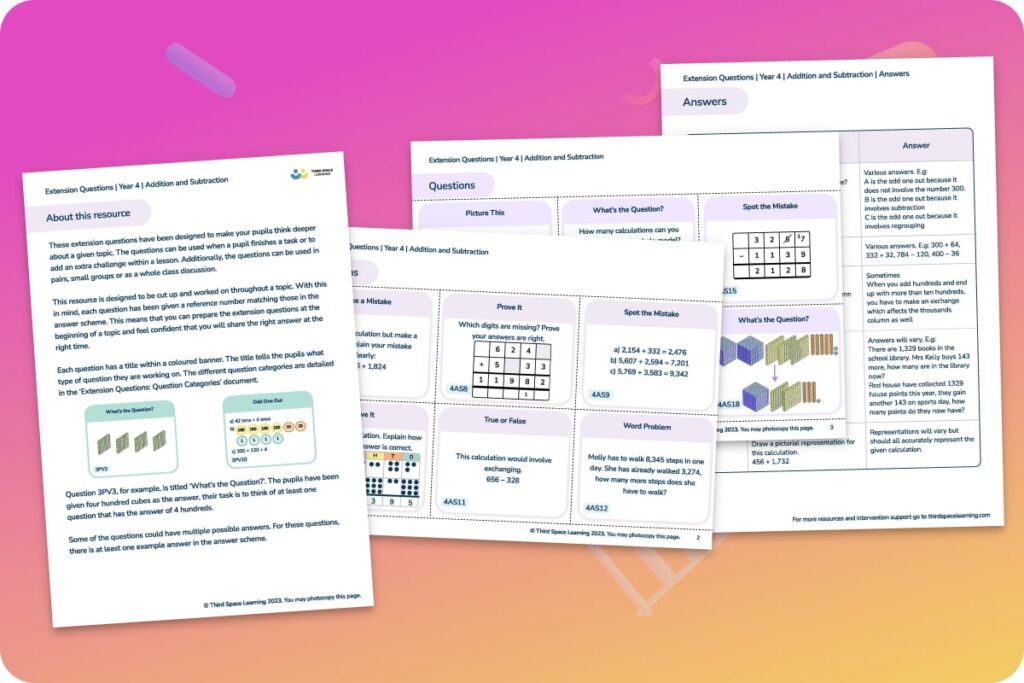 Addition and subtraction extension questions Year 4 worksheet