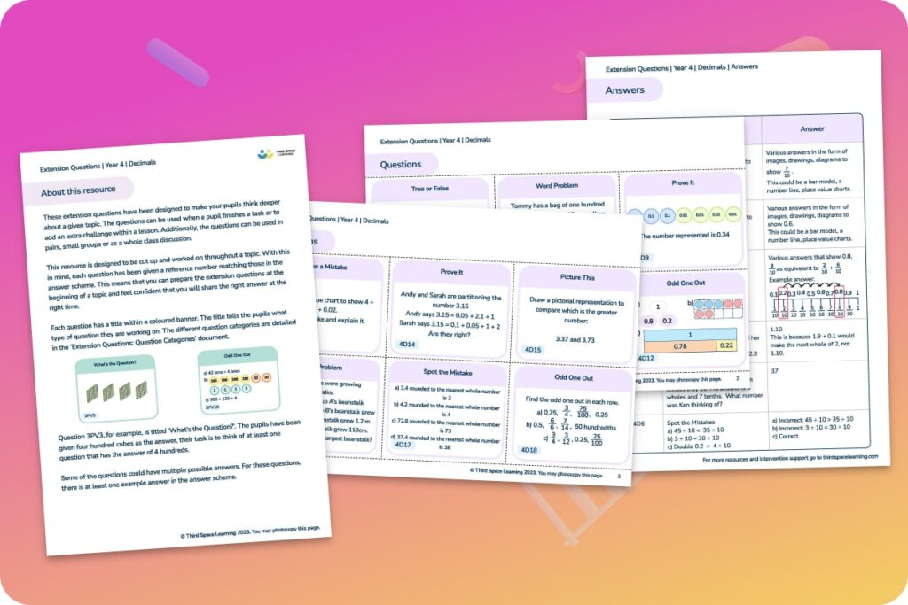 Decimals extension questions Year 4 worksheet