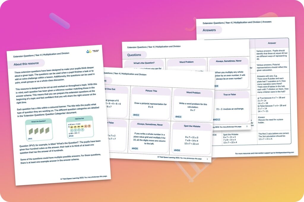Multiplication and division extension questions Year 4 worksheet