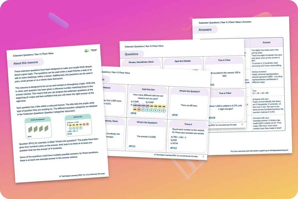 Place value extension questions Year 4 worksheet