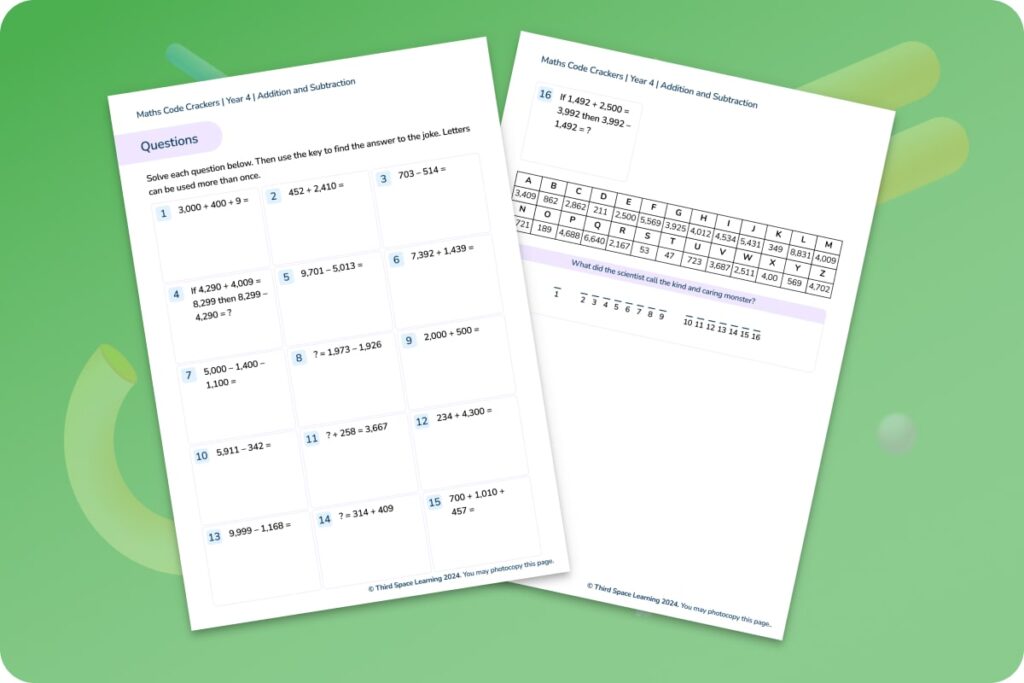 Addition and subtraction code crackers Year 4 worksheet