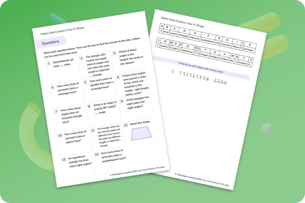 Geometry code crackers Year 4 worksheet