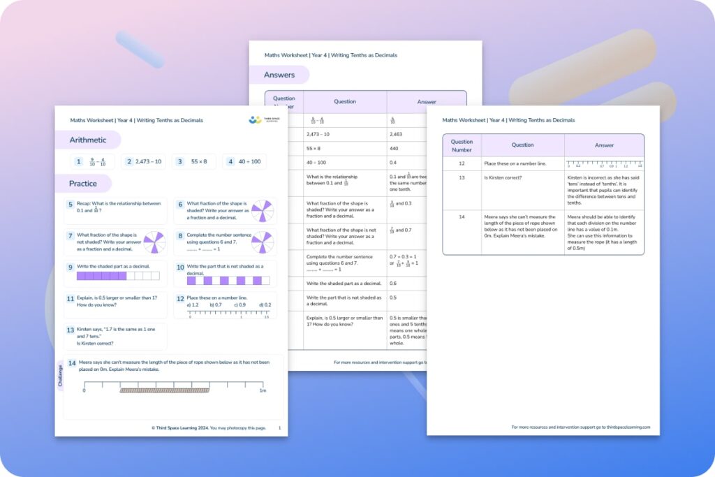 Free Year 4 maths worksheets for decimals