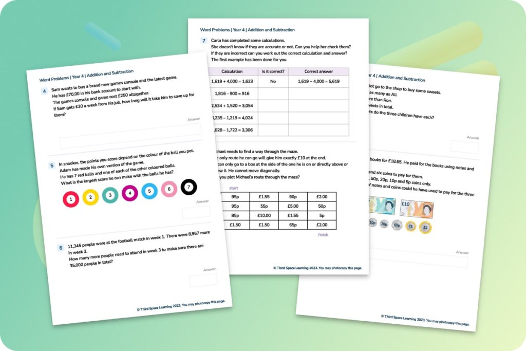 Addition and subtraction word problems Year 4 worksheet