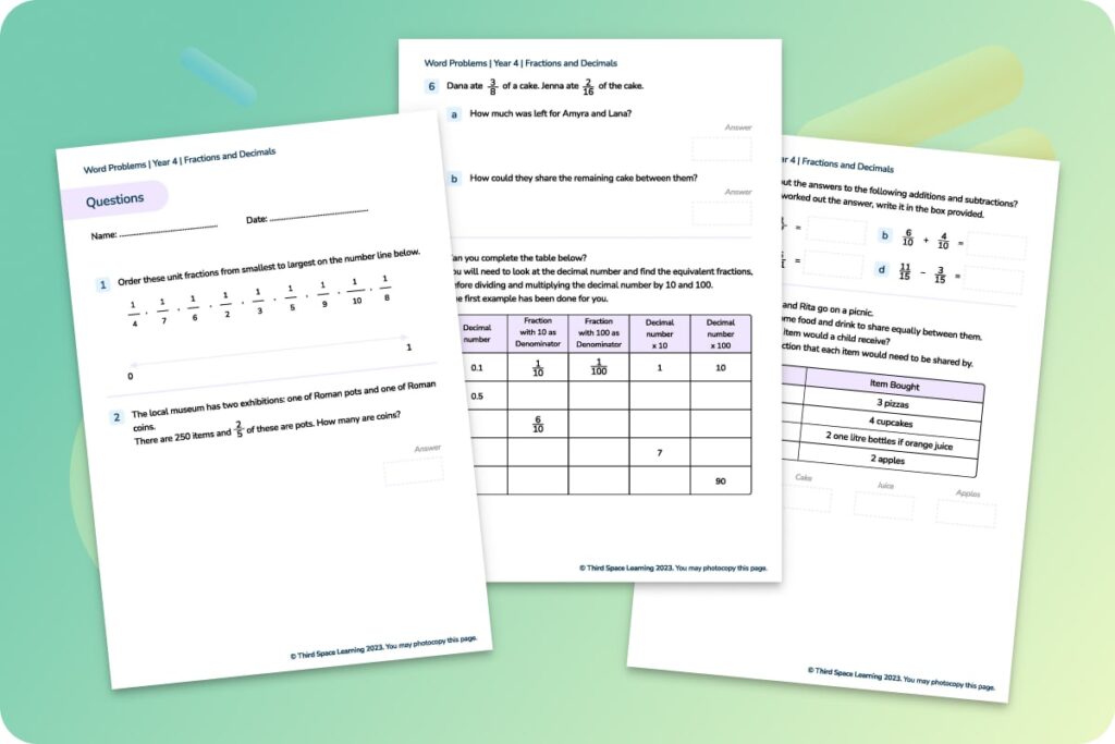 Fractions word problems Year 4 worksheets
