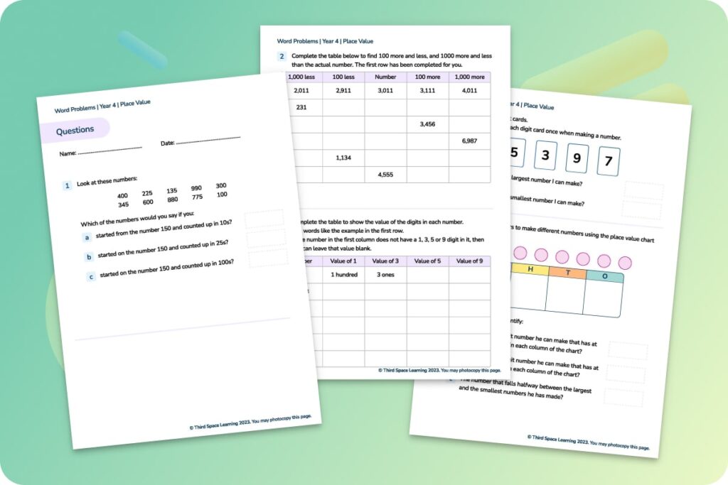 Place value word problems Year 4 worksheet
