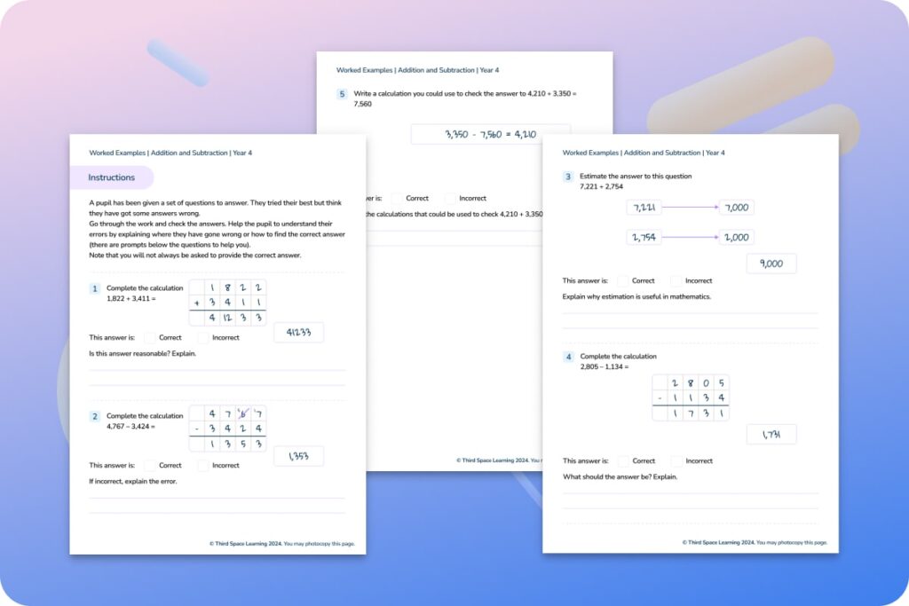 Addition and subtraction worked examples Year 4 worksheet