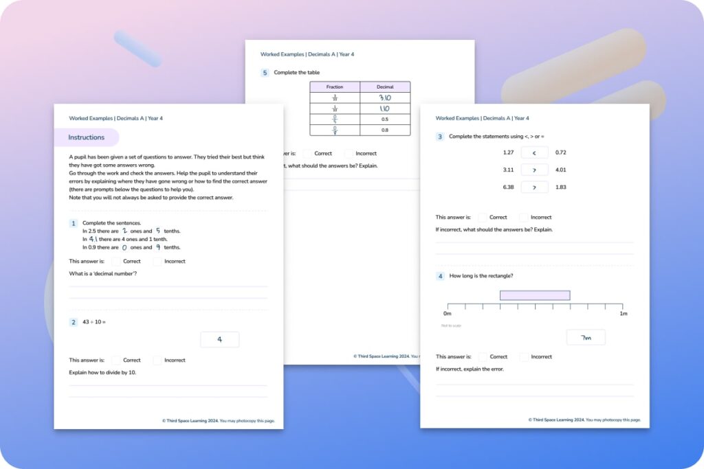 Decimal worked examples Year 4 worksheet