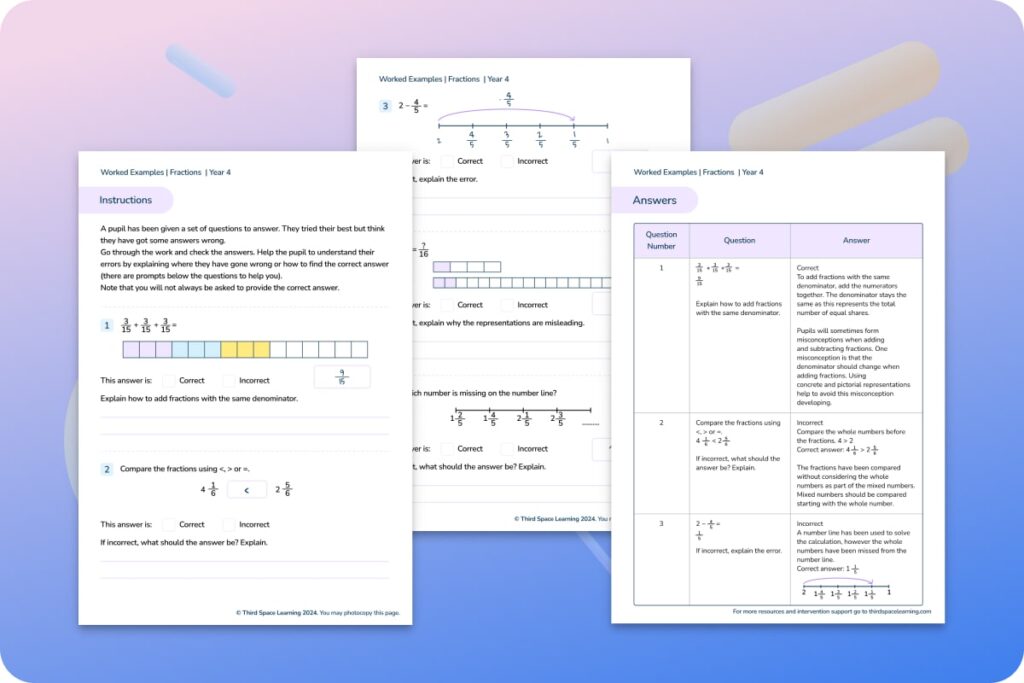 Fractions worked examples Year 4 worksheet