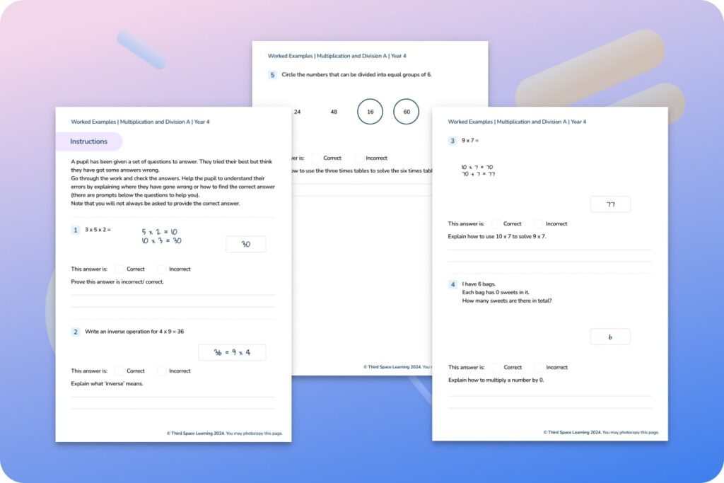 Multiplication and division worked examples Year 4 worksheet