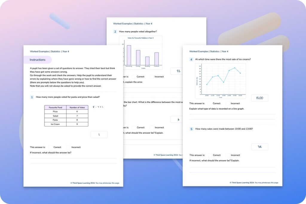 Statistics worked examples Year 4 worksheet