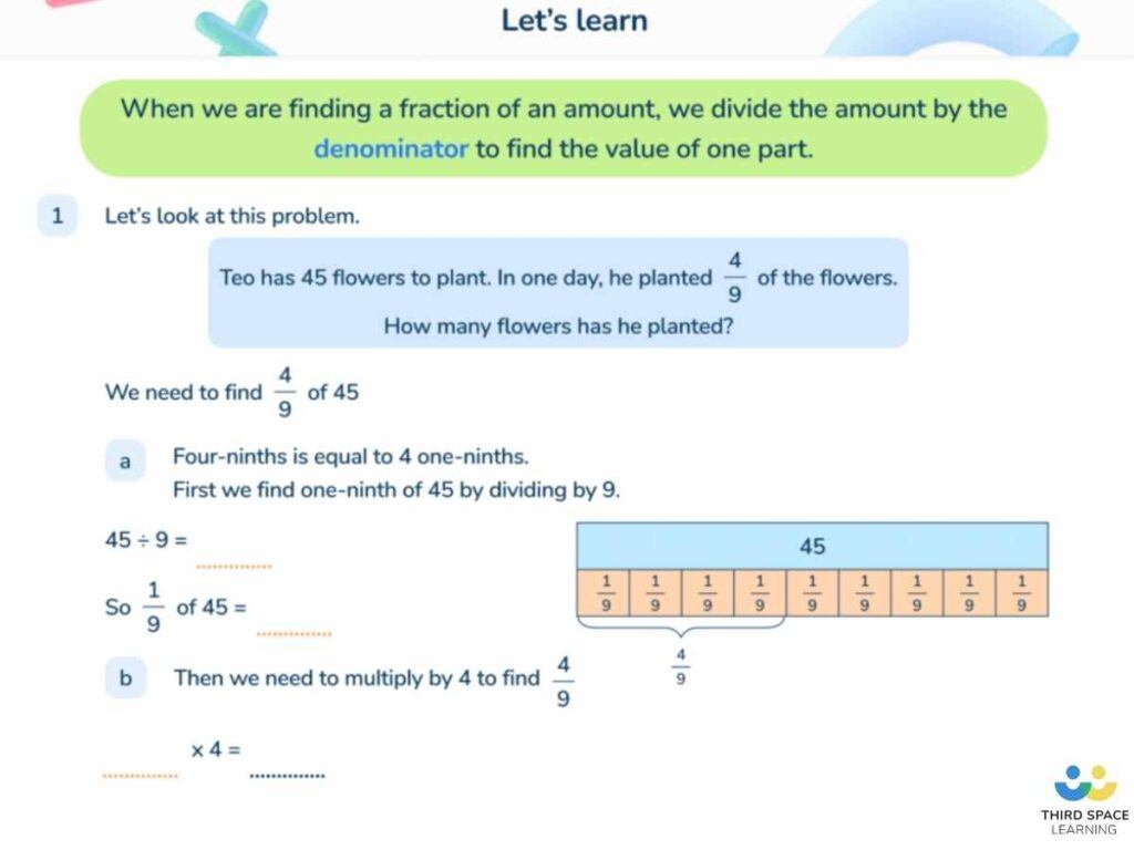 A Third Space Learning online Year 5 lesson on finding a fraction of an amount.