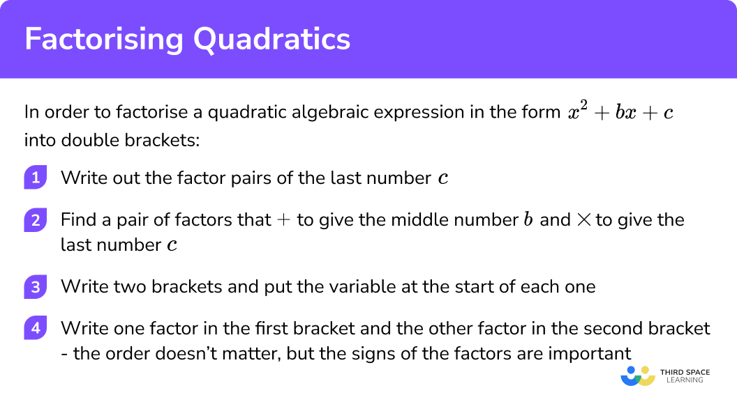 Explain how to factorise quadratics: x² + bx + c (double brackets)