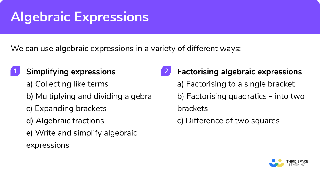 Explain what the 8 methods of using algebraic expressions are