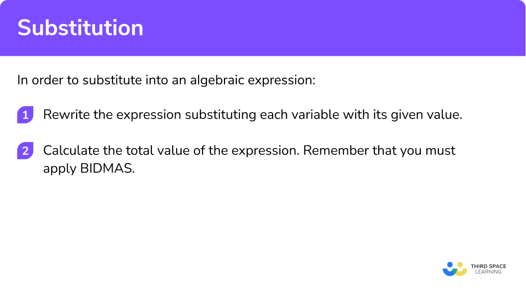 Explain how to substitute a value into an algebraic expression in 2 steps