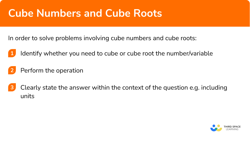 Explain how to solve problems involving cube numbers and cube roots in 3 steps