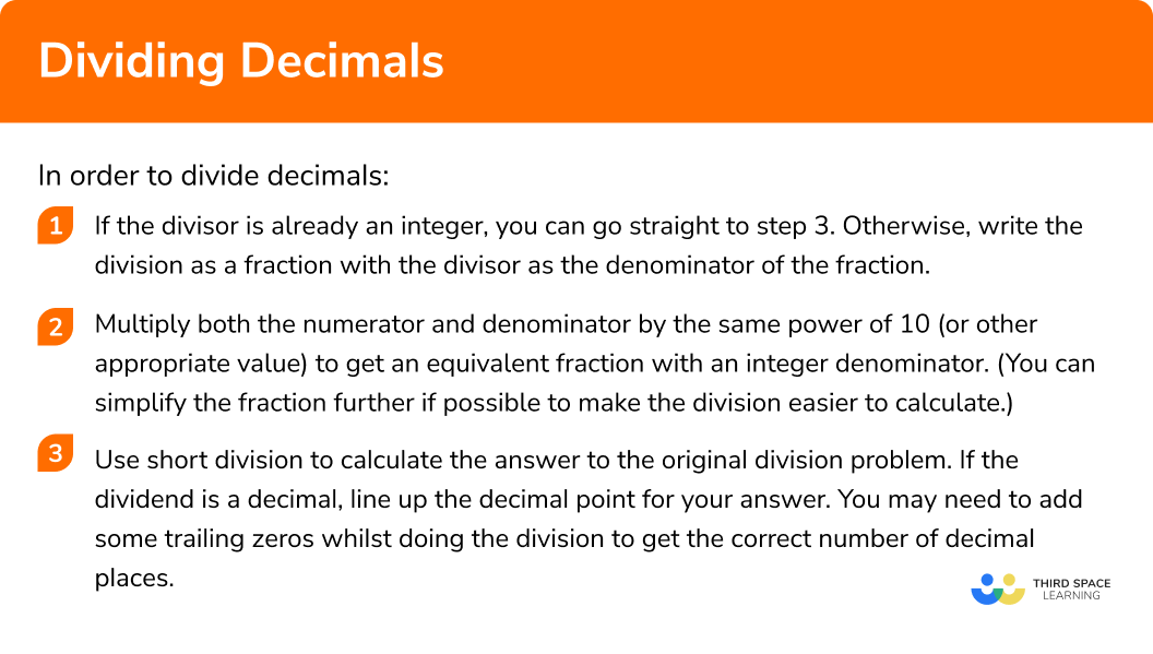 Explain how to divide decimals in 3 steps