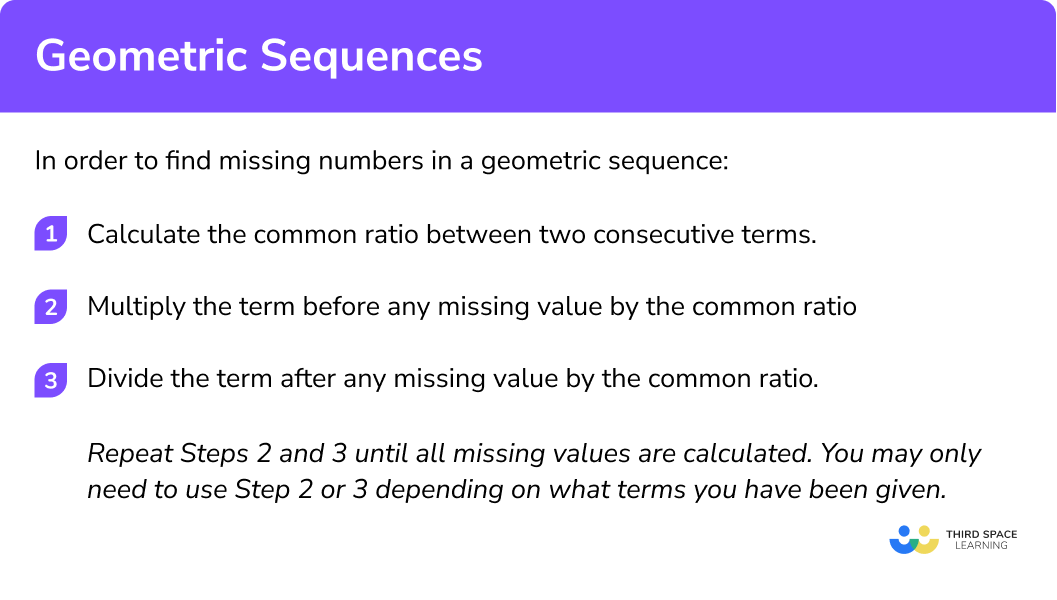 Explain how to find missing numbers in a geometric sequence
