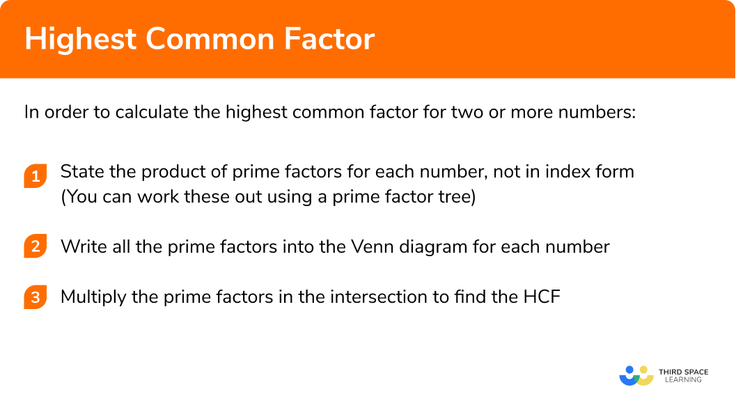 Explain how to calculate the highest common factor for two or more numbers in 3 steps