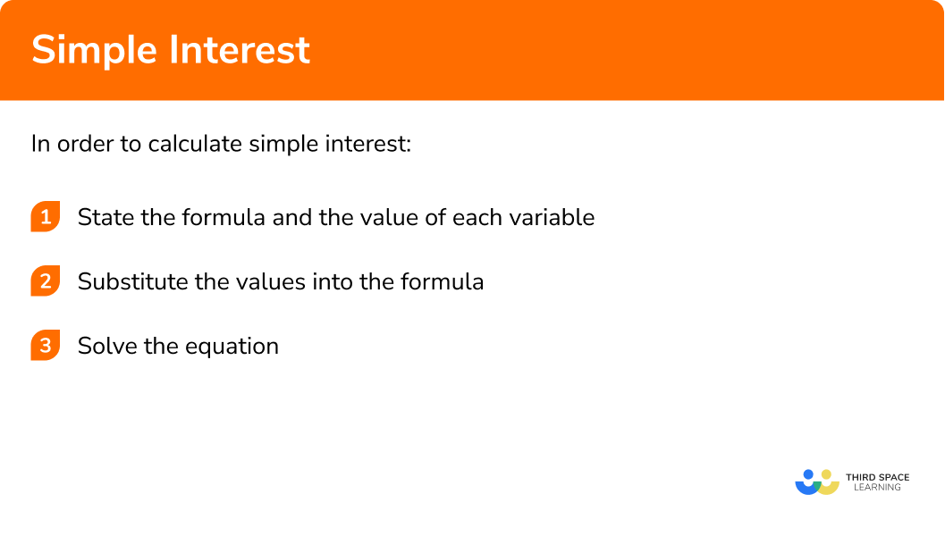 Explain how to calculate simple interest in 3 steps.