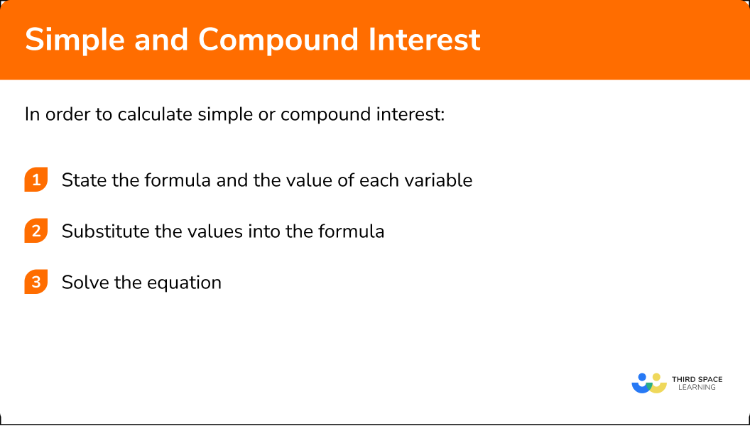 Explain how to calculate simple or compound interest in 3 steps.