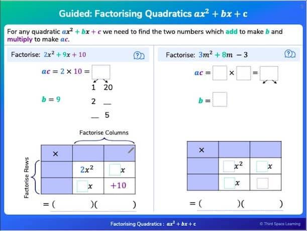 Guided practice of factorising quadratics in Third Space Learning’s online interventions