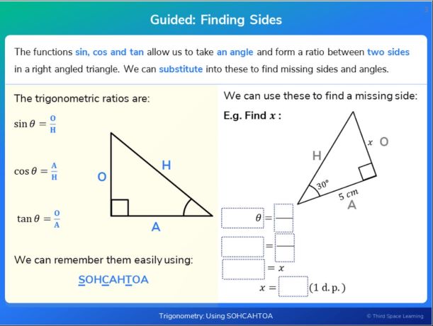 A lesson introducing GCSE students to trigonometry using SOHCAHTOA on Third Space Learning's online intervention.
