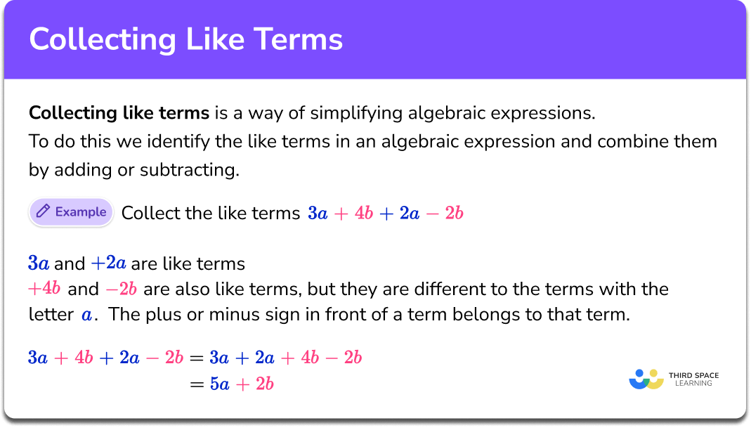 Collecting Like Terms GCSE Maths Steps Examples Worksheet