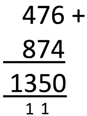 column addition method for 476 + 874