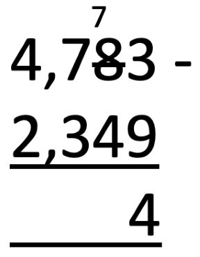 column subtraction showing carrying 1 ten over to the units column 